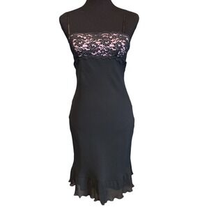 Express Black Silk & Pink Midi Slip Dress W/ Lace Trim, Sz 4, Coquette Y2K Fairy